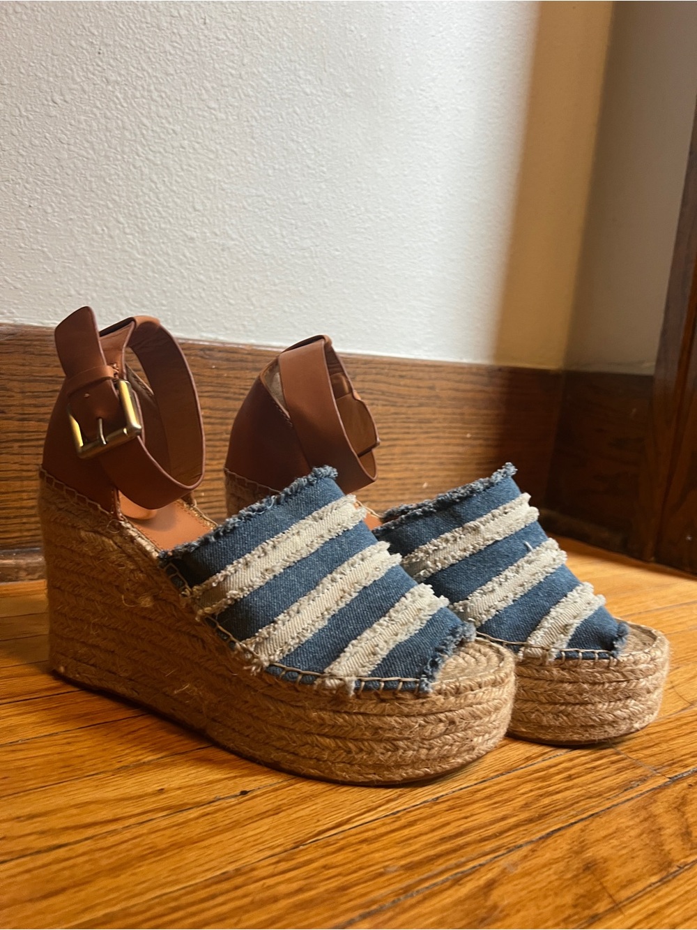 Frayed Marc Fisher Denim Stripe Espadrille loWedge oSandals - Blue/Tan